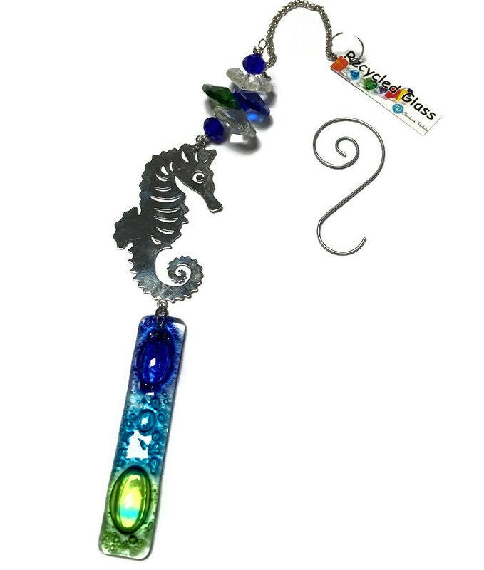 Seahorse hanging decoration. Hand made fused glass ornament. Colorful home decor. Beach