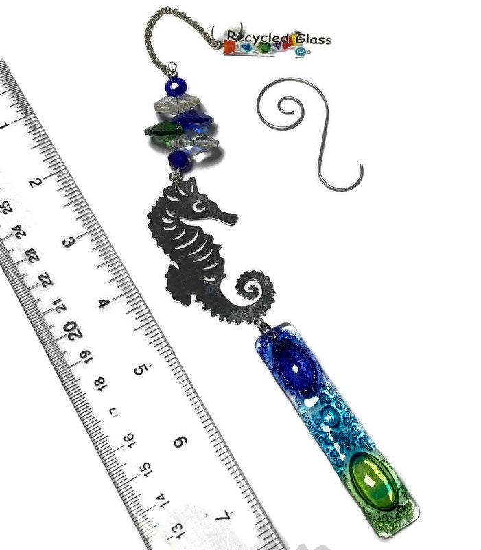 Seahorse hanging decoration. Hand made fused glass ornament. Colorful home decor. Beach