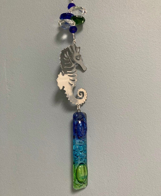 Seahorse hanging decoration. Hand made fused glass ornament. Colorful home decor. Beach