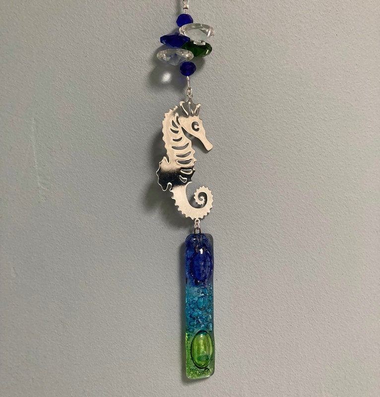 Seahorse hanging decoration. Hand made fused glass ornament. Colorful home decor. Beach
