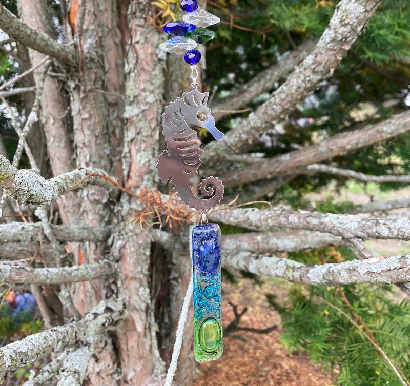Seahorse hanging decoration. Hand made fused glass ornament. Colorful home decor. Beach