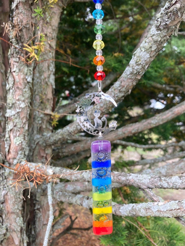 Rainbow Cat hanging decoration. Hand made fused glass ornament. Colorful home decor.