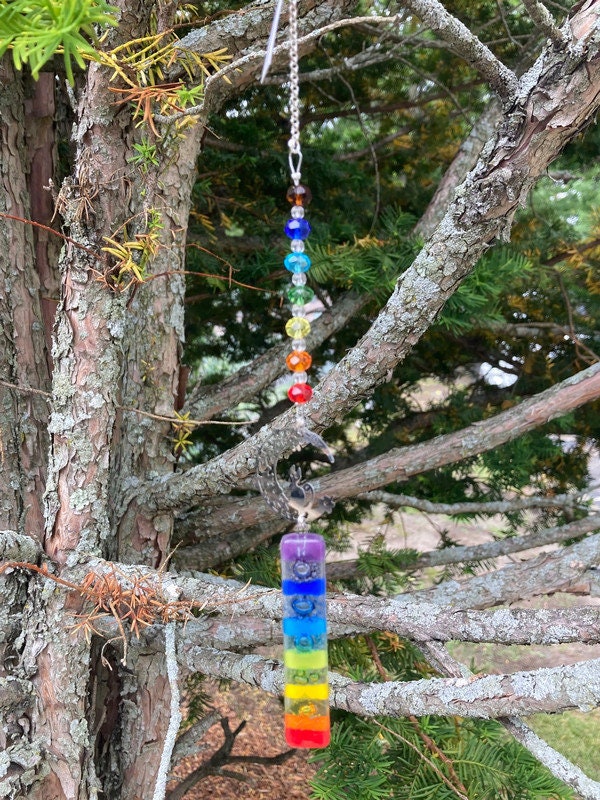 Rainbow Cat hanging decoration. Hand made fused glass ornament. Colorful home decor.