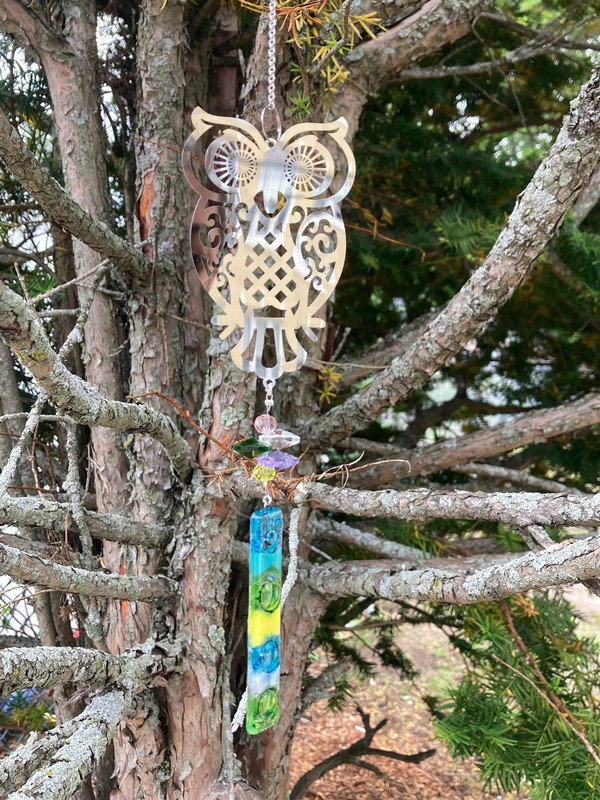 Owl hanging decoration. Hand made fused glass ornament. Colorful home decor.