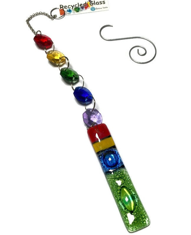 Fun hanging decoration. Hand made fused glass ornament. Colorful home decor.
