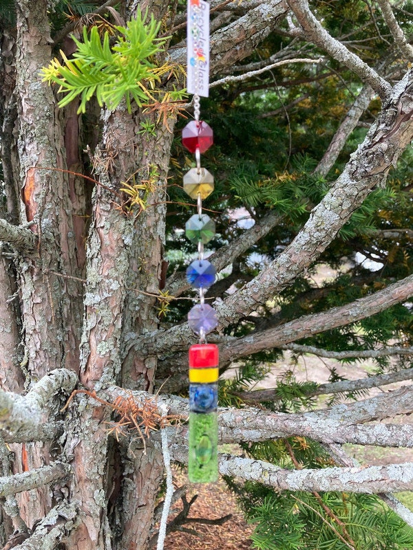 Fun hanging decoration. Hand made fused glass ornament. Colorful home decor.