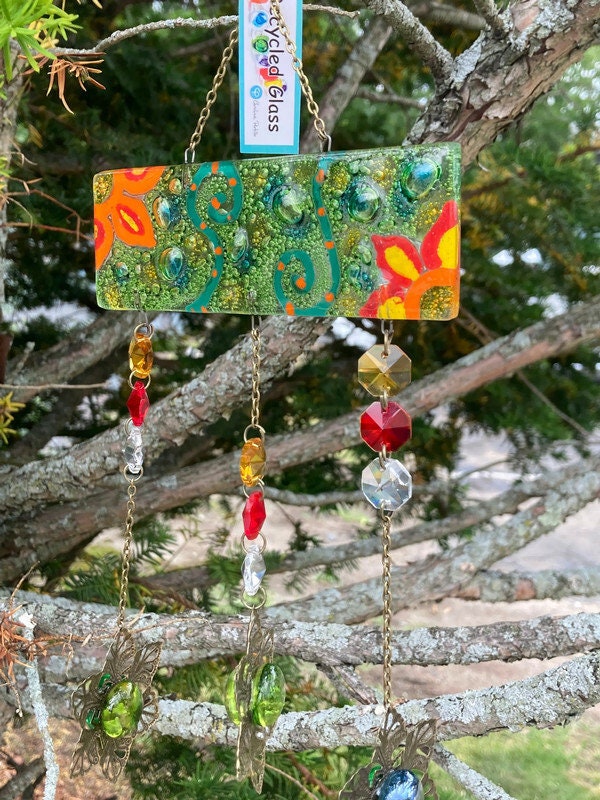 Green Hand painted Recycled Glass hanging decoration. Handmade fused glass ornament. Colorful home decor.