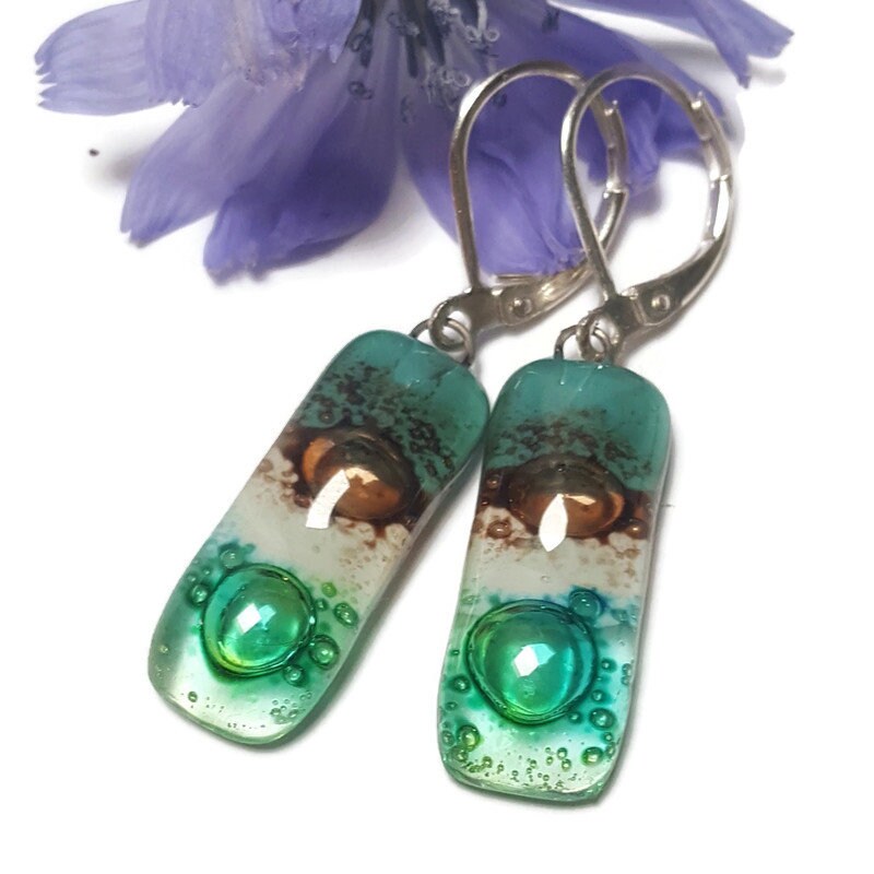 Small bar rectangle Dangle Earrings Recycled Glass. Fused drop Glass. Green, White, Teal and brown drop earrings. CHOOSE EARRING HOOK