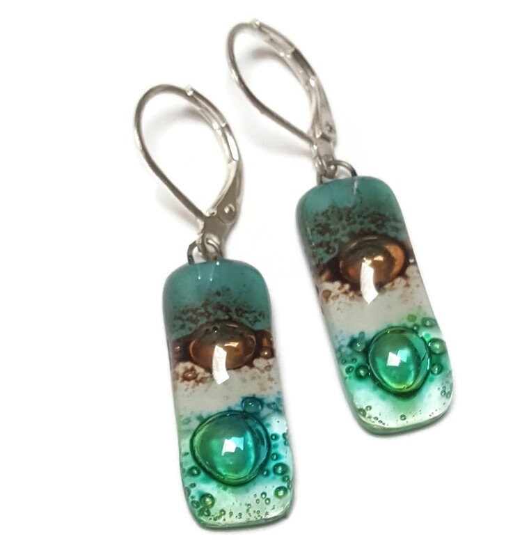 Small bar rectangle Dangle Earrings Recycled Glass. Fused drop Glass. Green, White, Teal and brown drop earrings. CHOOSE EARRING HOOK