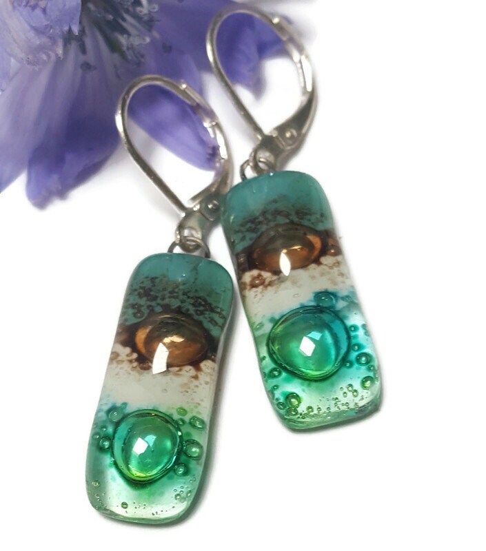 Small bar rectangle Dangle Earrings Recycled Glass. Fused drop Glass. Green, White, Teal and brown drop earrings. CHOOSE EARRING HOOK