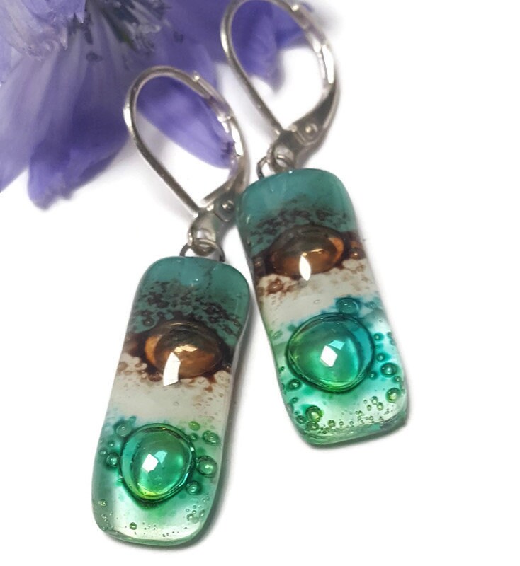 Small bar rectangle Dangle Earrings Recycled Glass. Fused drop Glass. Green, White, Teal and brown drop earrings. CHOOSE EARRING HOOK