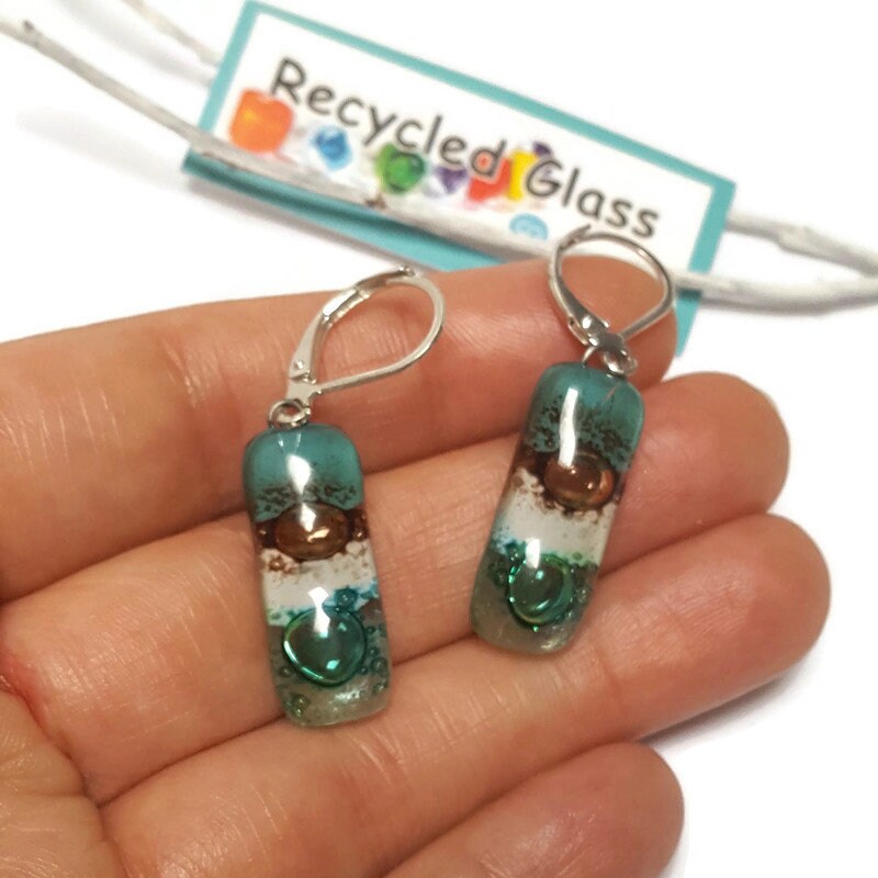 Small bar rectangle Dangle Earrings Recycled Glass. Fused drop Glass. Green, White, Teal and brown drop earrings. CHOOSE EARRING HOOK