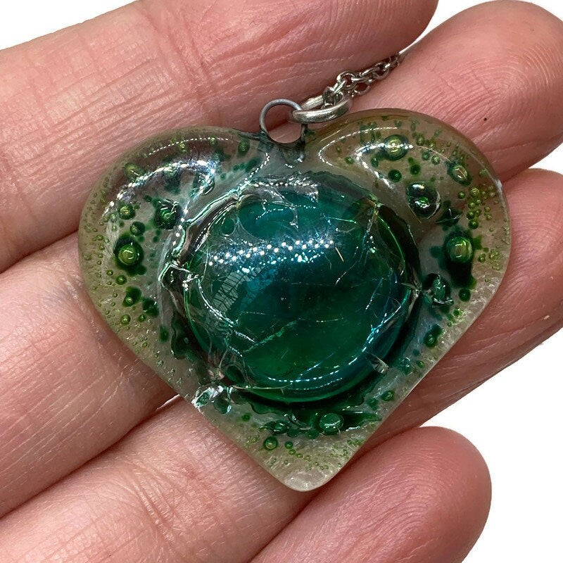 Green Heart shape Recycled Fused Glass Necklace limited edition. Heart pendant