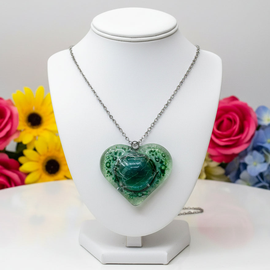 Green Heart shape Recycled Fused Glass Necklace limited edition. Heart pendant