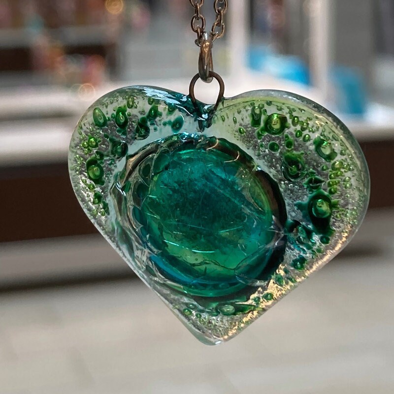 Green Heart shape Recycled Fused Glass Necklace limited edition. Heart pendant