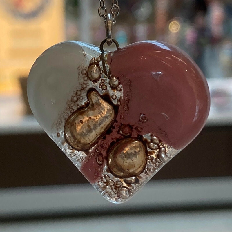 Pale pink, white and light brown Heart shape Recycled Fused Glass Necklace limited edition. Heart pendant