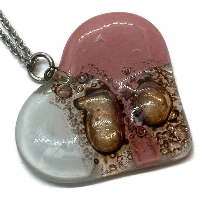 Pale pink, white and light brown Heart shape Recycled Fused Glass Necklace limited edition. Heart pendant