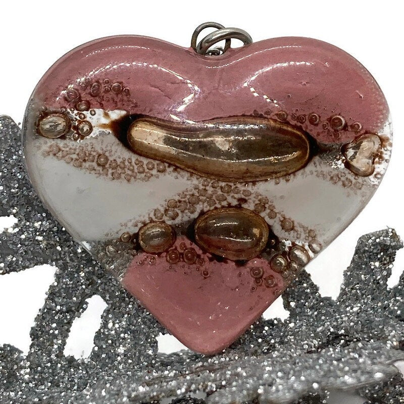Pink,  brown and white Heart shape Recycled Fused Glass Necklace limited edition. Heart pendant