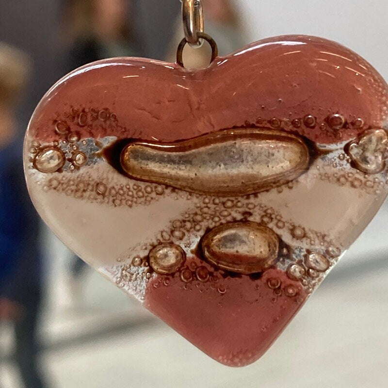 Pink,  brown and white Heart shape Recycled Fused Glass Necklace limited edition. Heart pendant