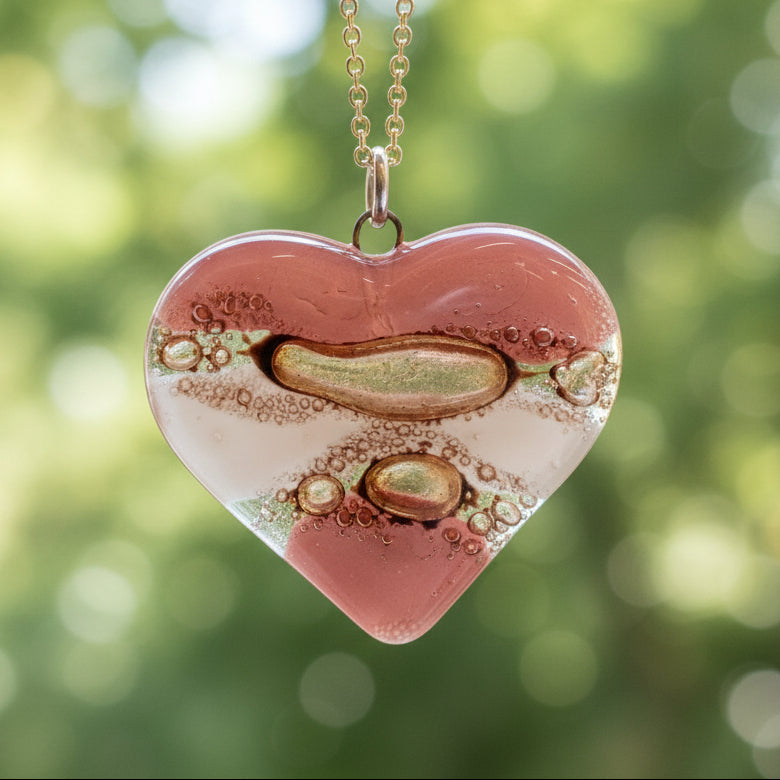 Pink, brown and white Heart shape Recycled Fused Glass Necklace limited edition. Heart pendant