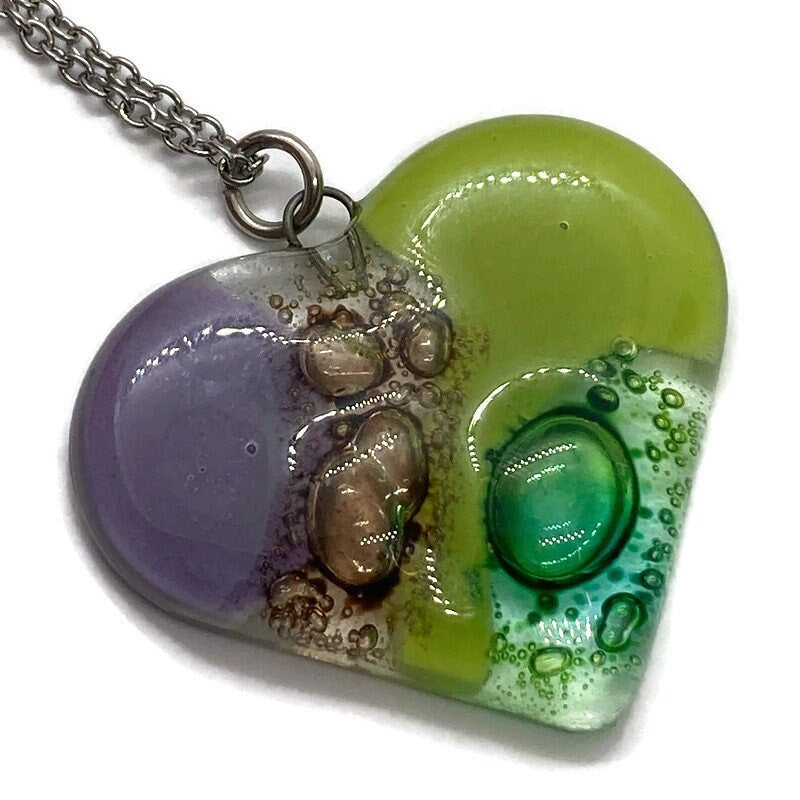 Green, lilac and brown Heart shape Recycled Fused Glass Necklace limited edition. Heart pendant