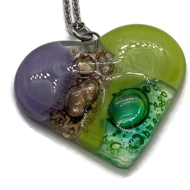 Green, lilac and brown Heart shape Recycled Fused Glass Necklace limited edition. Heart pendant