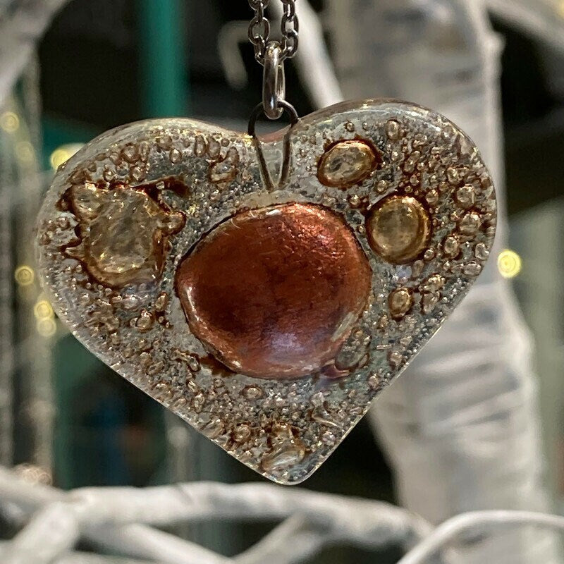 Copper and caramel brown Heart shape Recycled Fused Glass Necklace limited edition. Heart pendant