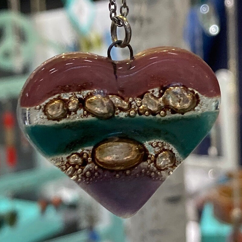 Pink, teal, brown and lilac Heart shape Recycled Fused Glass Necklace limited edition. Heart pendant