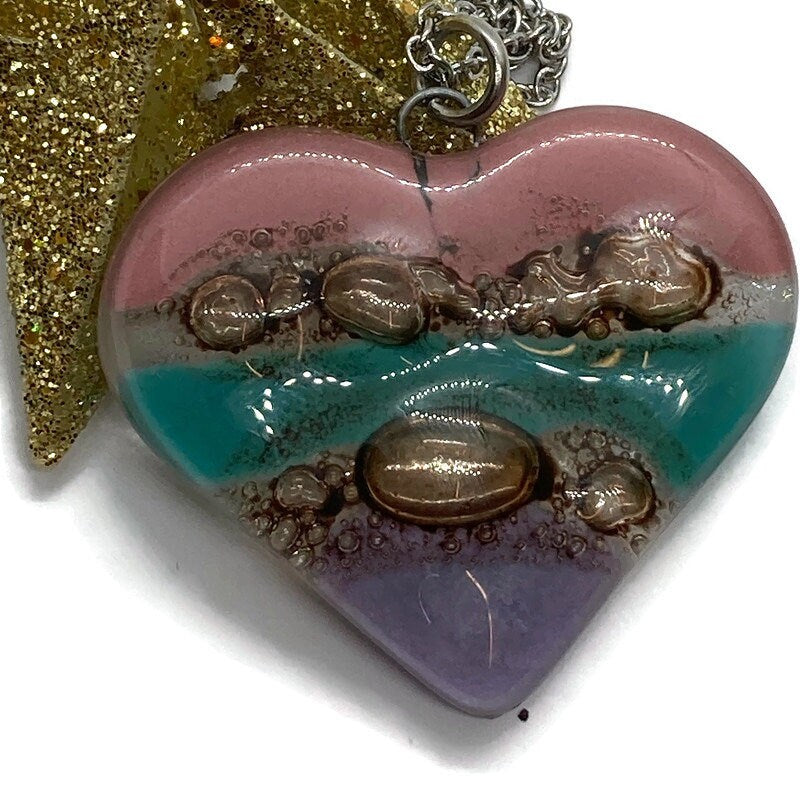 Pink, teal, brown and lilac Heart shape Recycled Fused Glass Necklace limited edition. Heart pendant