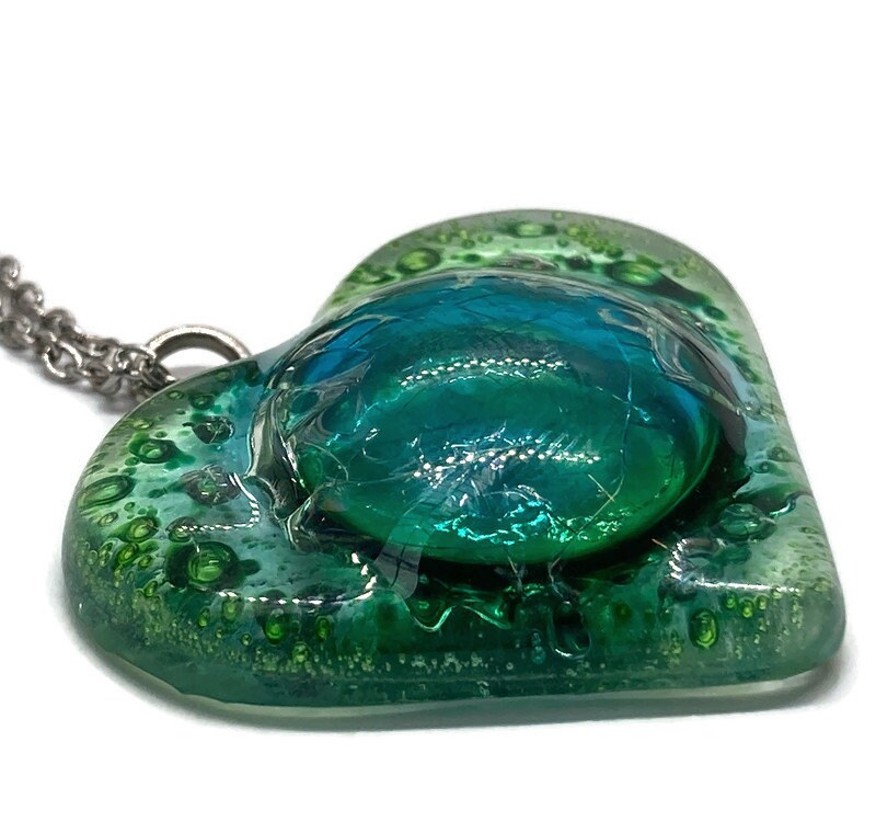 Green Heart shape Recycled Fused Glass Necklace limited edition. Heart pendant