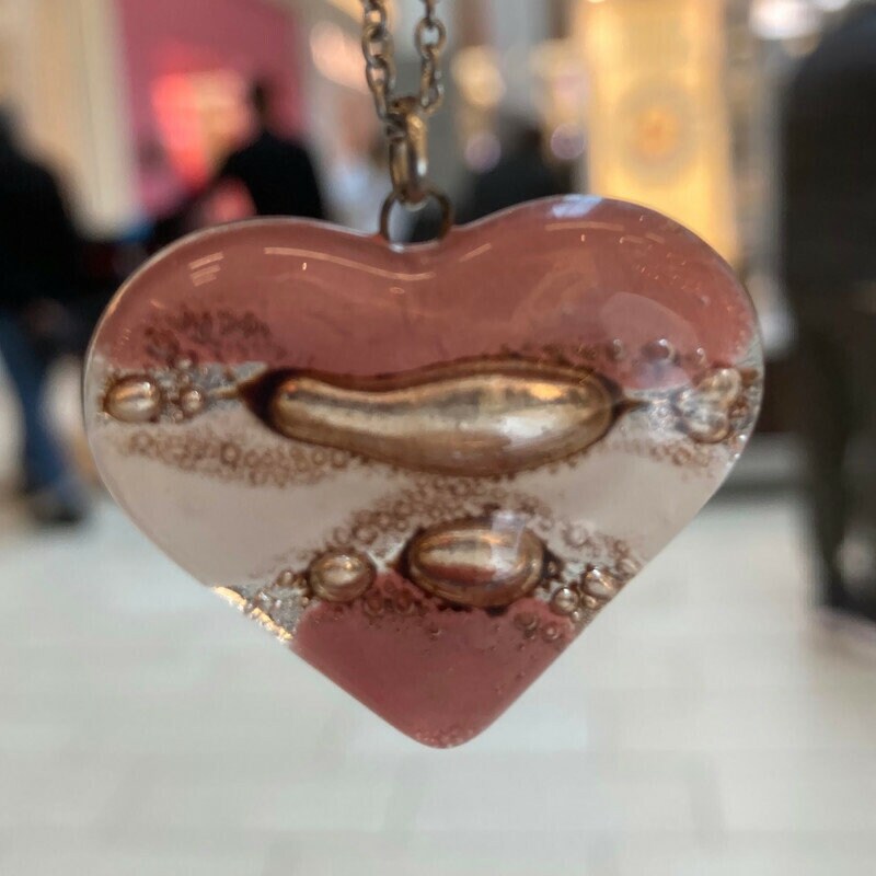 Pink,  brown and white Heart shape Recycled Fused Glass Necklace limited edition. Heart pendant
