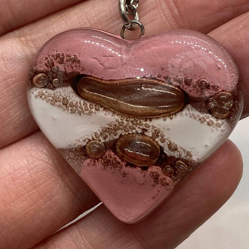 Pink,  brown and white Heart shape Recycled Fused Glass Necklace limited edition. Heart pendant