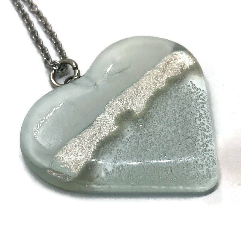 White and clear white Heart shape Recycled Fused Glass Necklace limited edition. Heart pendant