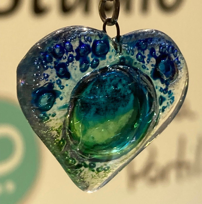 Blue Turquoise and green Heart shape Recycled Fused Glass Necklace limited edition. Heart pendant