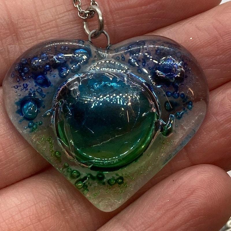 Blue Turquoise and green Heart shape Recycled Fused Glass Necklace limited edition. Heart pendant