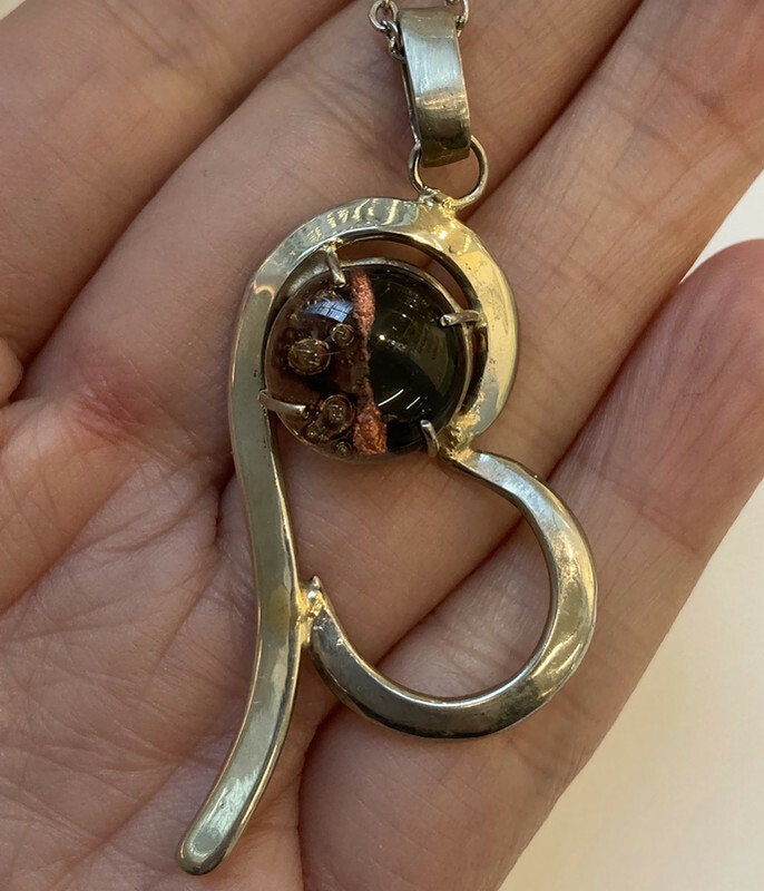 Black, copper and brown and green Recycled fused glass unique handcrafted pendant . “ B” heart shape