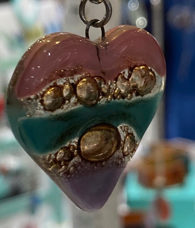 Pink, teal, brown and lilac Heart shape Recycled Fused Glass Necklace limited edition. Heart pendant