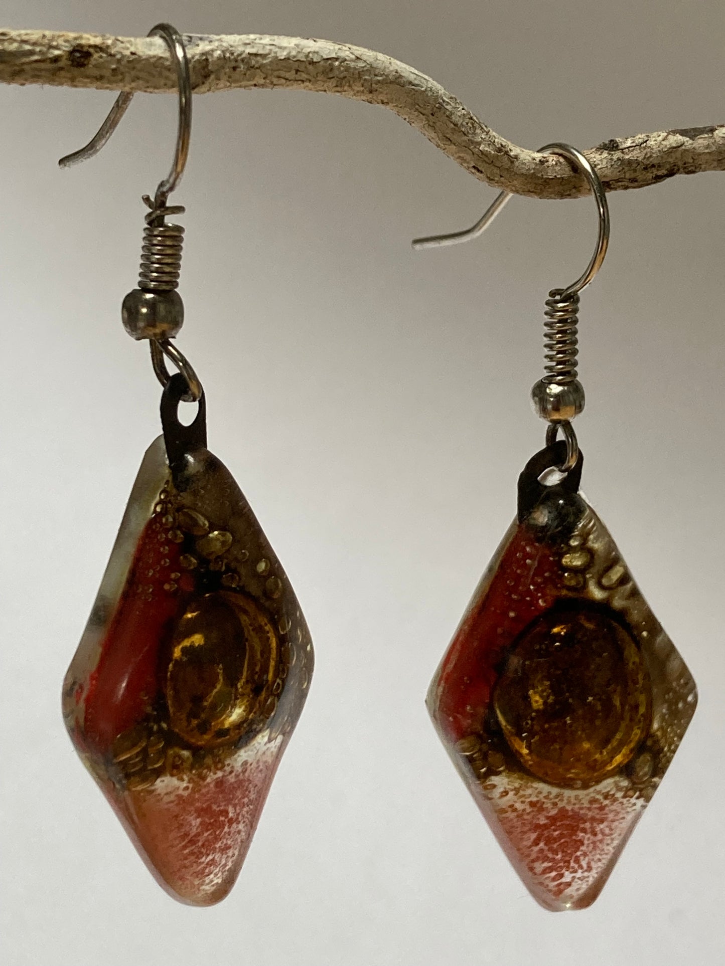 Diamond Shaped Red,Beige, coral and Brown Bubble Earrings Glass Earrings Drop earrings. Dangle earrings. Handmade jewelry