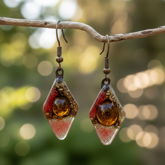 Diamond Shaped Red,Beige, coral and Brown Bubble Earrings Glass Earrings Drop earrings. Dangle earrings. Handmade jewelry