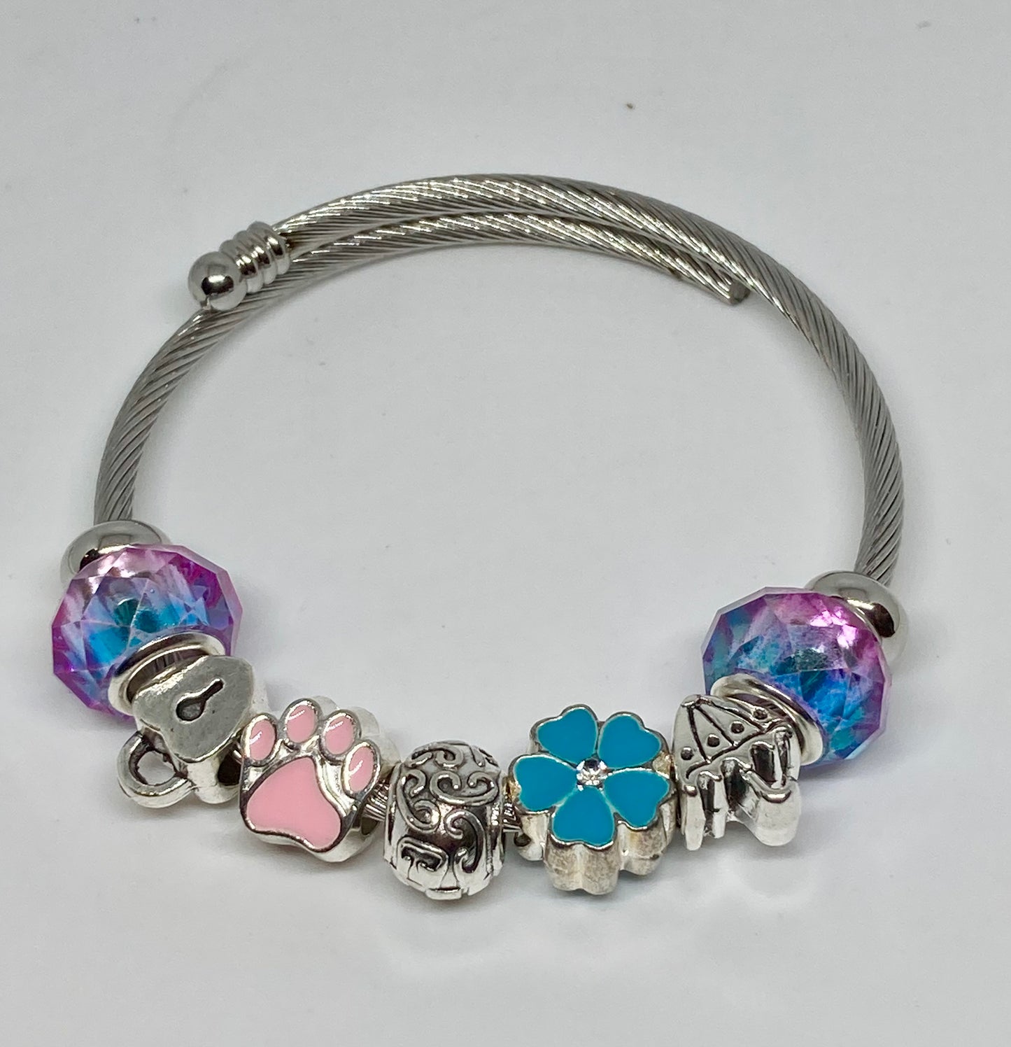 Brenda Blue Purple and pink Stainless Expandable Easy to put on stretch memory wire Charm Bracelet. One size fits most