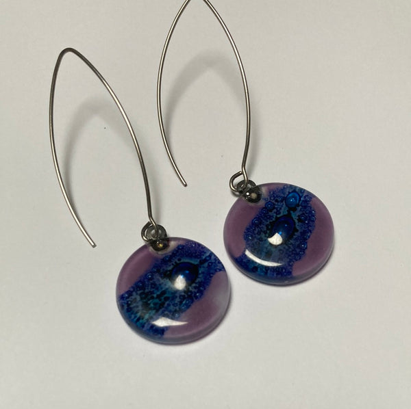 Long fused glass Drop earrings. Lavender and Blue Sand V-wire recycled glass dangles.