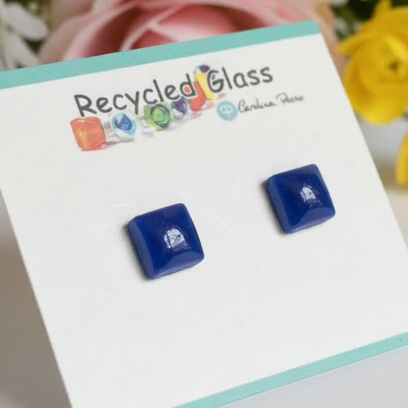 Handmade Square Minimalist Recycled Glass Square Stud Earrings | Ocean Cobalt Blue Minimalist Posts
