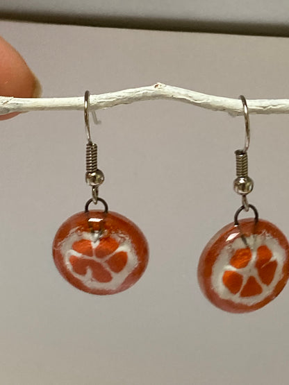Orange slice round dangles Fused Glass Drop Earrings. Fun colors.