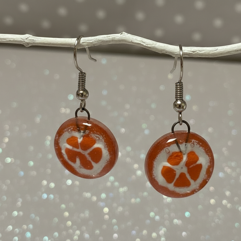 Orange slice round dangles Fused Glass Drop Earrings. Fun colors.