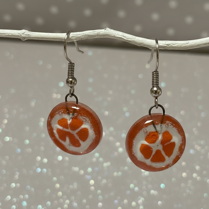 Orange slice round dangles Fused Glass Drop Earrings. Fun colors.