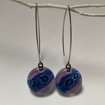 Long fused glass Drop earrings. Lavender and Blue Sand V-wire recycled glass dangles.