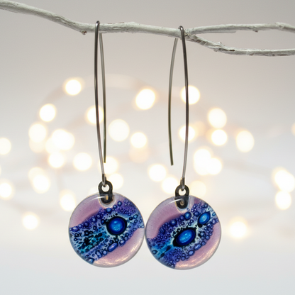 Long fused glass Drop earrings. Lavender and Blue Sand V-wire recycled glass dangles.