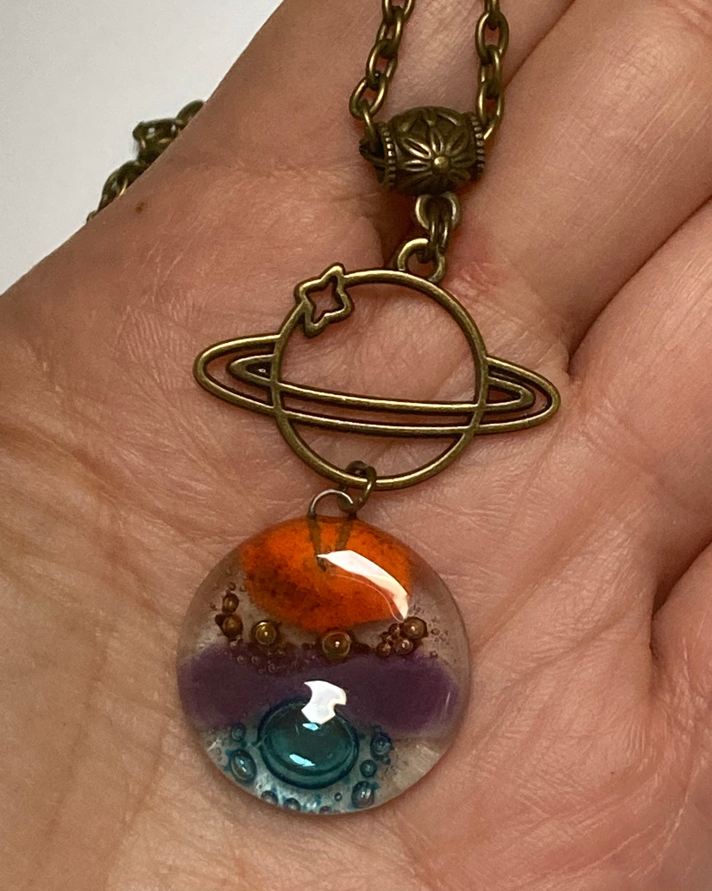 Long planet- Recycled Glass pendant. Long Fused Glass necklace