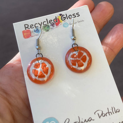 Orange slice round dangles Fused Glass Drop Earrings. Fun colors.