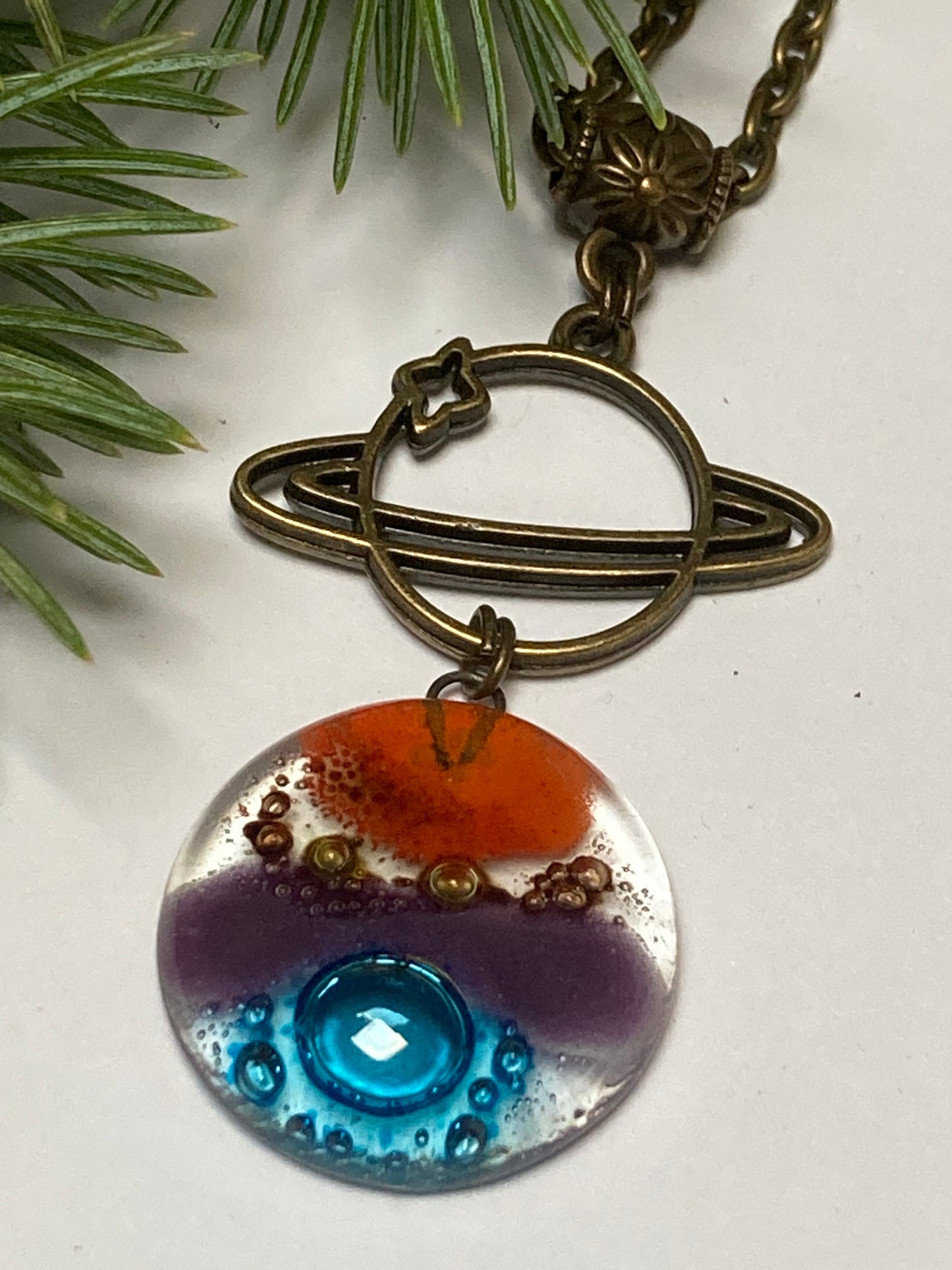 Long planet- Recycled Glass pendant. Long Fused Glass necklace